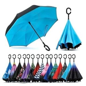Inverted Reverse Umbrella for Car, Double Layer Windproof C Handle Umbrella, Big Size Reversible Upside Down Umbrella for Men & Women, UV & Rain Protection (Multicolor)