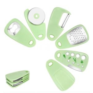Kitchen Gadgets Set - 6-in-1 Portable Stackable Kitchen Tools with Bottle Opener, Peeler, Pizza Cutter, Large Grinder, Leaf herb Peeler, Stainless Steel Kitchen Camping Accessories(Green)